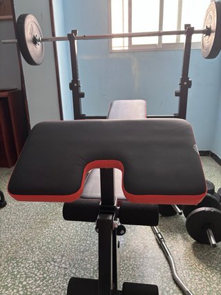 Banco reclinable con barra, discos y pesas 47,5 kg
