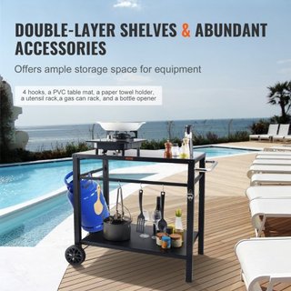 Carrello da Pranzo per Barbecue all'Aperto con Doppio Ripiano, Tavolo Mobile per Preparazione Cibo per BBQ, Tavolo Multifunzionale in Ferro, Carrelli Modulari Portatili per Forno Pizza, Me...
