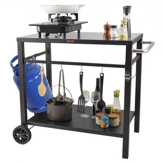 Carrello da Pranzo per Barbecue all'Aperto con Doppio Ripiano, Tavolo Mobile per Preparazione Cibo per BBQ, Tavolo Multifunzionale in Ferro, Carrelli Modulari Portatili per Forno Pizza, Me...
