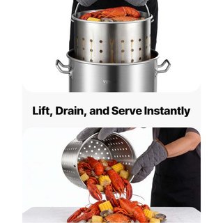 Olla de Acero Inoxidable, Olla Grande de 42 Cuartos, Olla de Cocina con Canasta, Tapa y Mango, Olla de Grado Comercial de Alta Resistencia, Tratamiento de Lijado, para Eventos de Grandes Grupos Plata