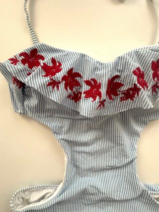 Bañador Trikini Rayas Azul y Flores Rojas