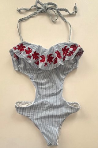 Bañador Trikini Rayas Azul y Flores Rojas