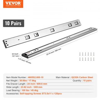 10 Pares de Rieles de Cajón de 609.6mm, Rieles de Montaje Lateral, Pista de Acero de Extensión Completa de Alta Resistencia, Guías de Cierre Suave y Silenciosas para Gabinetes de Cocina con Rodami...