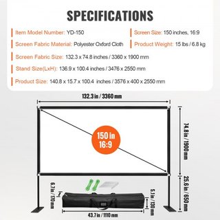 Pantalla de Cine al Aire Libre con Soporte, Pantalla de Cine Portátil de 381 cm, Pantalla de Proyector de Ángulo Amplio HD 16:9 para Proyección Frontal y Trasera, con Bolsa de Almacenamiento y Sop...