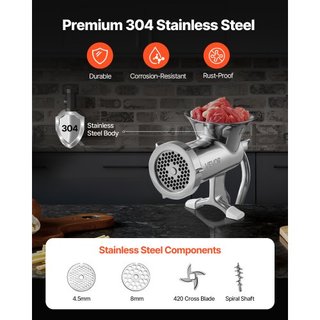 Molino de Carne Manual, Molino de Carne de Acero Inoxidable 304 con Abrazadera de Mesa de Acero, Fabricante de Salchichas y 2 Placas de Corte, Accesorio para Galletas, Tubo para Salchichas para Ca...
