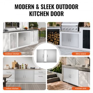 Puerta de Acceso para BBQ, Puerta Doble para Cocina Exterior de 990x660 mm, Puerta de Montaje Flush de Acero Inoxidable, Puerta Vertical de Pared con Manijas y Ganchos, para Isla de BBQ, Estación ...