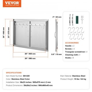 Puerta de Acceso para BBQ, Puerta Doble para Cocina Exterior de 990x660 mm, Puerta de Montaje Flush de Acero Inoxidable, Puerta Vertical de Pared con Manijas y Ganchos, para Isla de BBQ, Estación ...