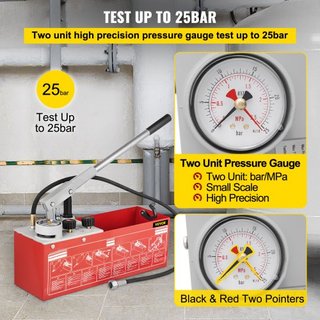 Bomba de Prueba de Presión Hidrostática, Prueba de hasta 25 bar/2.5 MPa, Tanque de 12.1 L, Kit de Probador de Presión de Agua Manual Hidráulico con Manómetro de Dos Unidades y Conexión R 1.27 cm, ...
