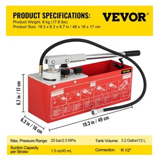 Bomba de Prueba de Presión Hidrostática, Prueba de hasta 25 bar/2.5 MPa, Tanque de 12.1 L, Kit de Probador de Presión de Agua Manual Hidráulico con Manómetro de Dos Unidades y Conexión R 1.27 cm, ...