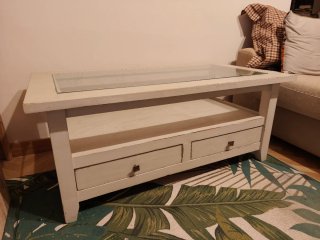 Mesa de centro de madera decapada y cristal