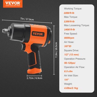 Llave de impacto neumática de 1.3 cm, alto par de hasta 1894.6 Nm, diseño ligero de 2.1 kg con juego de 11 piezas de 1.3 cm de acero CR-V y estuche de transporte