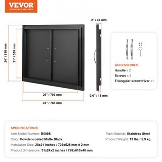 Puerta de Acceso para BBQ, Puerta Doble para Cocina Exterior de 788x610 mm, Puerta de Montaje Flush de Placa Fría, Puerta Vertical de Pared con Manijas, para Isla de BBQ, Estación de Asado, Gabine...