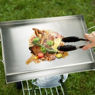 Plancha para Estufa, 23.5"x16" Plancha de Acero Inoxidable Pre-Sazonada, Sartén Rectangular para Doble Quemador, Utensilio de Cocina Familiar Antiadherente con Mangos y Canal de Aceite, para BBQ, ...