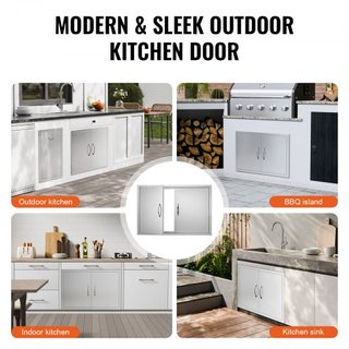 Puerta de Acceso para BBQ, Puerta Doble para Cocina Exterior de 838x558 mm, Puerta de Montaje Flush de Acero Inoxidable, Puerta Vertical de Pared con Manijas, para Isla de BBQ, Estación de Asado, ...