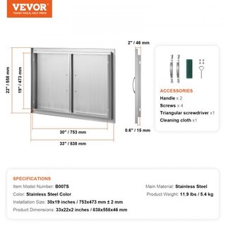 Puerta de Acceso para BBQ, Puerta Doble para Cocina Exterior de 838x558 mm, Puerta de Montaje Flush de Acero Inoxidable, Puerta Vertical de Pared con Manijas, para Isla de BBQ, Estación de Asado, ...