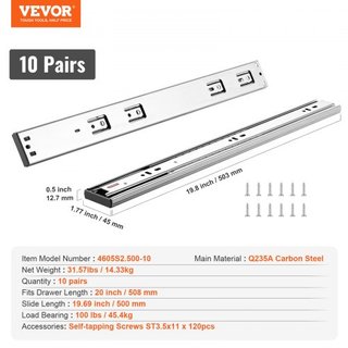 10 Pares de Rieles de Cajón de 508 mm, Guías de Montaje Lateral, Pista de Acero de Alta Resistencia de Extensión Completa, Deslizadores Silenciosos de Cierre Suave para Gabinetes de Cocina con Rod...
