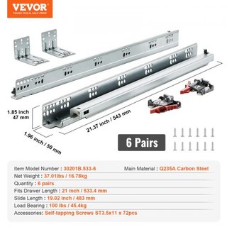 6 Pares de Rieles de Montaje Lateral para Cajones de 533.4mm, Riel de Acero de Extensión de Rodamiento de Bolas de Alta Resistencia, Guías Silenciosas de Cierre Suave para Gabinetes de Cocina con ...
