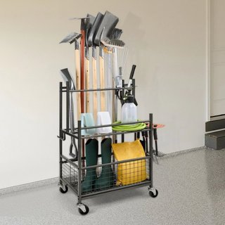 Organizador de Herramientas de Jardín, 16 Ranuras con Ganchos, Estante de Herramientas para Jardín con Ruedas para Organización y Almacenamiento de Garaje, Soporta Herramientas de Mango Largo/Rast...