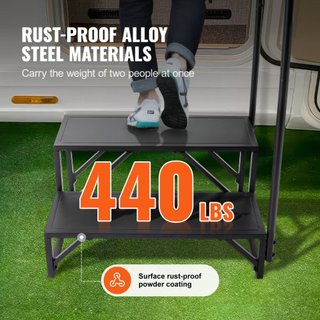 Escalones RV, Escaleras RV de 2 Pasos, Capacidad de Carga de 440 LBS/199.6 kg, Acero Carbono Reforzado, Con Pasamanos, Pasos Antideslizantes para Entrada y Salida Segura, Adecuado para RV, Remolqu...