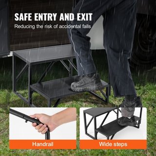 Escalones RV, Escaleras RV de 2 Pasos, Capacidad de Carga de 440 LBS/199.6 kg, Acero Carbono Reforzado, Con Pasamanos, Pasos Antideslizantes para Entrada y Salida Segura, Adecuado para RV, Remolqu...