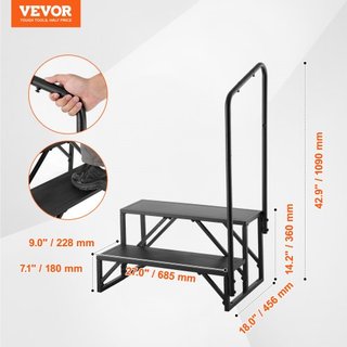 Escalones RV, Escaleras RV de 2 Pasos, Capacidad de Carga de 440 LBS/199.6 kg, Acero Carbono Reforzado, Con Pasamanos, Pasos Antideslizantes para Entrada y Salida Segura, Adecuado para RV, Remolqu...