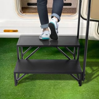Escalones RV, Escaleras RV de 2 Pasos, Capacidad de Carga de 440 LBS/199.6 kg, Acero Carbono Reforzado, Con Pasamanos, Pasos Antideslizantes para Entrada y Salida Segura, Adecuado para RV, Remolqu...
