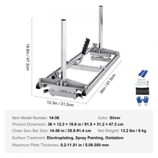 Sierra de cinta portátil 35.6cm-91.4cm Barra guía de acero galvanizado, planking de motosierra, grosor de 0.5cm-30cm, sierra de corte transversal de madera para constructores y carpinteros, plata