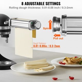 Accesorio de Pasta para Batidora de Pie KitchenAid, Juego de Cortadores de Pasta de Acero Inoxidable que Incluye Rodillo de Pasta, Cortador de Espagueti y Fettuccine, 8 Niveles de Grosor Ajustable...
