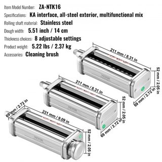 Accesorio de Pasta para Batidora de Pie KitchenAid, Juego de Cortadores de Pasta de Acero Inoxidable que Incluye Rodillo de Pasta, Cortador de Espagueti y Fettuccine, 8 Niveles de Grosor Ajustable...