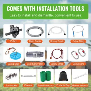 Kit de tirolesa para niños y adultos, kit de tirolesa de 60 pies hasta 500 lb, tirolesa de instalación rápida para exteriores en el patio trasero, entretenimiento en el parque infantil con tiroles...