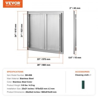 Puerta de Acceso para BBQ, Puerta Doble para Cocina Exterior de 660x610 mm, Puerta de Montaje Flush de Acero Inoxidable, Puerta Vertical de Pared con Mangos Rehundidos, para Isla de BBQ, Estación ...