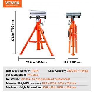 Soporte de Rodillo, Capacidad de Carga Pesada de 1134 kg, Altura Ajustable de 700 mm-1320 mm, Soporte de Rodillo Plegable de Acero 45# para Tubos, Tableros de Madera