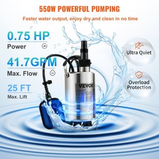 Bomba de Agua Sumergible, 550W 9500L/H, con Cable de 10 m y Interruptor de Flotador Automático, Acero Inoxidable Portátil para Áreas Inundadas Limpias, Piscinas, Jacuzzis, para Riego