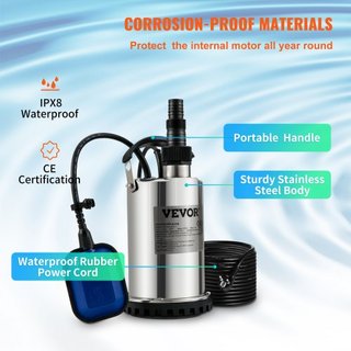 Bomba de Agua Sumergible, 550W 9500L/H, con Cable de 10 m y Interruptor de Flotador Automático, Acero Inoxidable Portátil para Áreas Inundadas Limpias, Piscinas, Jacuzzis, para Riego