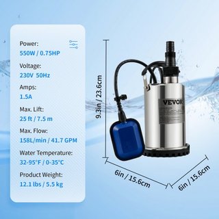 Bomba de Agua Sumergible, 550W 9500L/H, con Cable de 10 m y Interruptor de Flotador Automático, Acero Inoxidable Portátil para Áreas Inundadas Limpias, Piscinas, Jacuzzis, para Riego