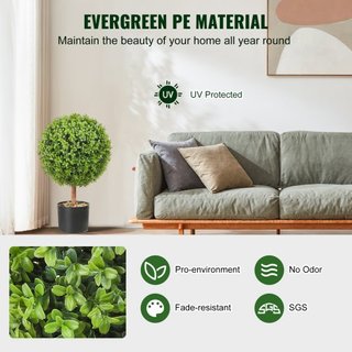 Árboles Topiarios Artificiales de Buxo, 24 pulgadas de altura (2 piezas), planta topiaria falsa en forma de bola con macetas, planta verde falsa con hojas reemplazables y puerto para decoración in...