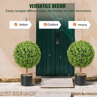 Árboles Topiarios Artificiales de Buxo, 24 pulgadas de altura (2 piezas), planta topiaria falsa en forma de bola con macetas, planta verde falsa con hojas reemplazables y puerto para decoración in...