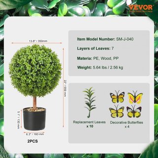 Árboles Topiarios Artificiales de Buxo, 24 pulgadas de altura (2 piezas), planta topiaria falsa en forma de bola con macetas, planta verde falsa con hojas reemplazables y puerto para decoración in...
