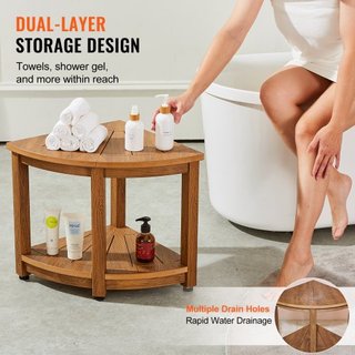 Banco de Ducha Esquinero, Altura 18.5" Radio 17.75", Poliestireno con Grano de Madera Falsa, 350 LBS con Estante de Almacenamiento, Resistente al Agua, Taburete de Ducha para Ducha Interior y Exte...