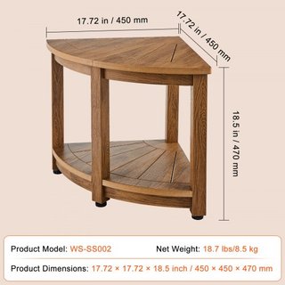 Banco de Ducha Esquinero, Altura 18.5" Radio 17.75", Poliestireno con Grano de Madera Falsa, 350 LBS con Estante de Almacenamiento, Resistente al Agua, Taburete de Ducha para Ducha Interior y Exte...