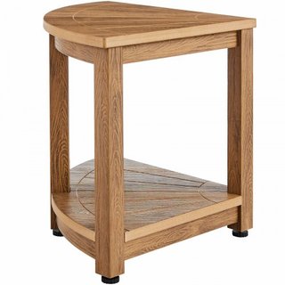 Banco de Ducha Esquinero, Altura 18.5" Radio 17.75", Poliestireno con Grano de Madera Falsa, 350 LBS con Estante de Almacenamiento, Resistente al Agua, Taburete de Ducha para Ducha Interior y Exte...