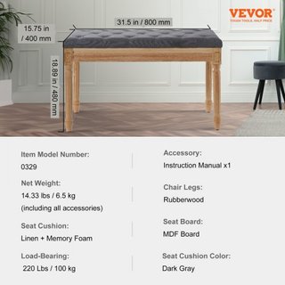 Banco Tapizado, Banco Ottoman de 16" de Ancho, Banco al Final de la Cama con Cojín de Espuma y Patas de Madera de Caucho, Taburete de Pie Tapizado para Entrada, Comedor, Sala de Estar, Dormitorio,...