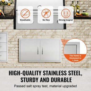 Puerta de Acceso para BBQ, Puerta Doble para Cocina Exterior de 863x482 mm, Puerta Montada a Ras de Acero Inoxidable, Puerta Vertical de Pared con Manijas, para Isla de BBQ, Estación de Parrilla, ...