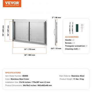 Puerta de Acceso para BBQ, Puerta Doble para Cocina Exterior de 863x482 mm, Puerta Montada a Ras de Acero Inoxidable, Puerta Vertical de Pared con Manijas, para Isla de BBQ, Estación de Parrilla, ...