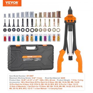Herramienta de Tuerca de Remache, Kit de Herramienta Rivnut de 40.6cm con 13PCS Mandriles Métricos y SAE, 186PCS Tuercas de Remache, M3, M4, 10-24, M5, M6, 1/4-20, 8-32, 5/16-18, M8, 3/8-16, M10, ...