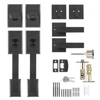 Juego de Manijas de Doble Puerta, Palanca de Puerta Arqueada en Negro Mate, Juego de Manijas de Doble Puerta Frontal con Palanca Reversible, Juego de Cerradura de Doble Puerta de Alta Resistencia ...