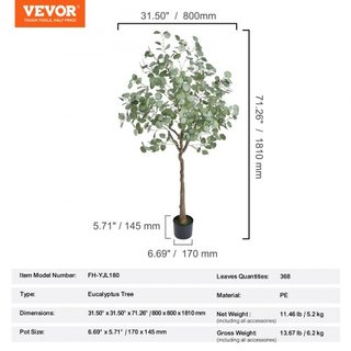 Árbol de Eucalipto Artificial, Planta Falsa de 1.8 m de Altura, Material PE Seguro y Protección Antivuelco, Planta de Bajo Mantenimiento, Árbol Potted Verde Realista para Decoración de Oficina en ...