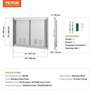 Puerta de Acceso para BBQ, Puerta Doble para Cocina Exterior de 762x533 mm, Puerta de Montaje Flush de Acero Inoxidable, Puerta Vertical de Pared con Manijas y Ventilaciones, para Isla de BBQ, Est...
