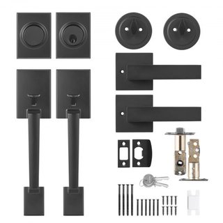 Juego de Manijas de Doble Puerta, Palanca de Puerta Cuadrada Negra Mate, Juego de Manijas de Doble Puerta Frontal con Palanca Reversible, Juego de Cerradura de Doble Puerta de Alta Resistencia con...