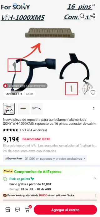 Diadema Sony WH-1000XM5 sin conector derecho